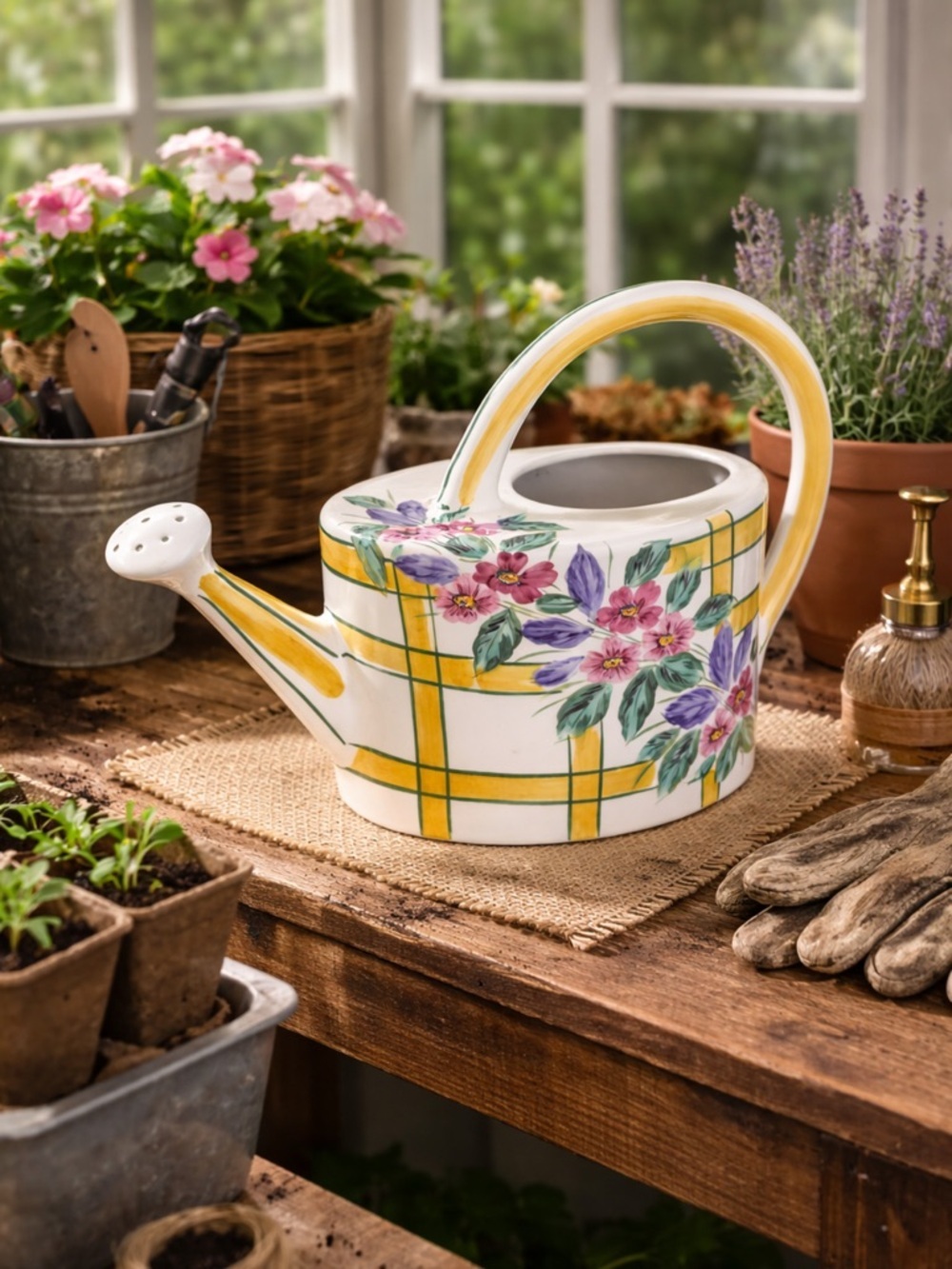 Vintage Hand-Painted Ceramic Watering Can